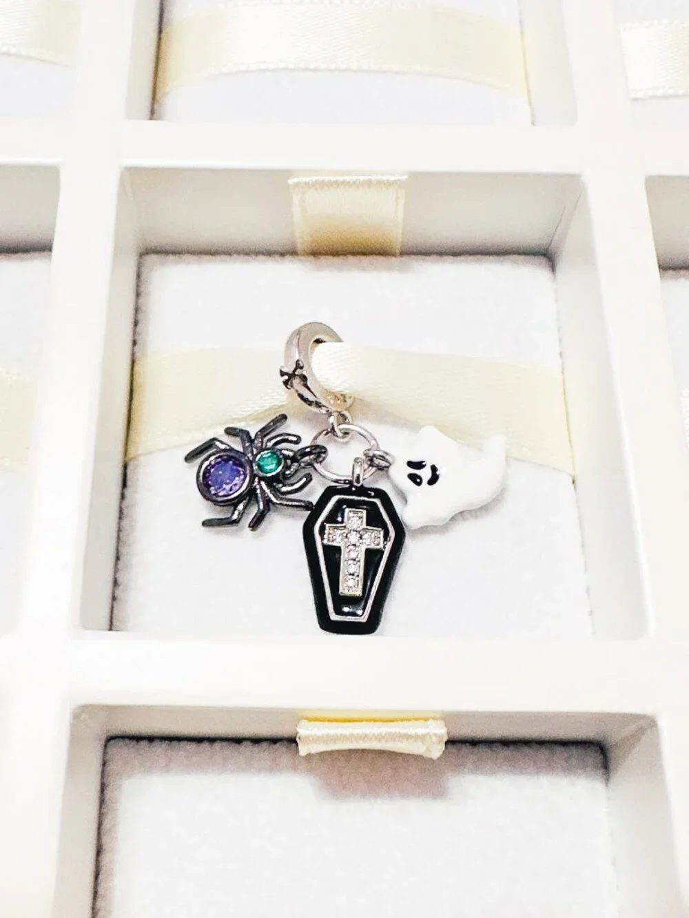 925 Sterling Silver Halloween Ghost, Spider And Coffin Dangle Charm Fits Pandora
